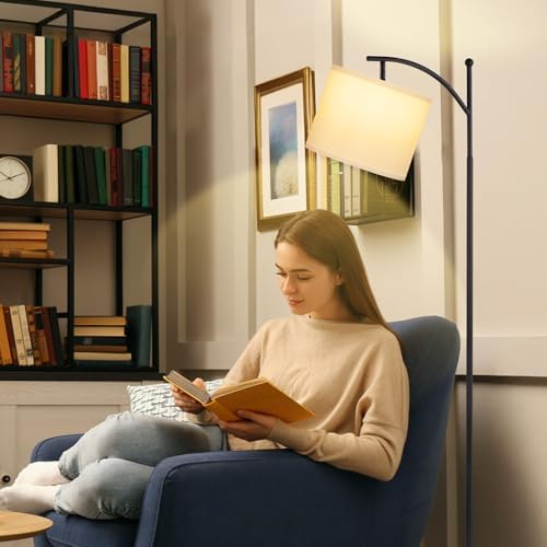 Ambimall 60" Floor Lamp with 3 Color Temperatures, Adjustable White Shade, Black Pole - Tall Lamp for Living Room