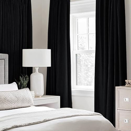 MIULEE 100% Blackout Linen Curtains for Bedroom 52x96 Inches Black