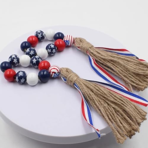 Patriotic Napkin Rings Set of 6,Wood Bead Napkin Holder Ring with Rope Tassel Farmhouse Wooden Beads Garland Wall Hanging Decor for Independence Day(Patriotic Napkin Rings)