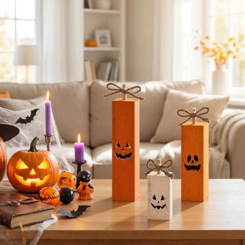Smile Halloween Wooden Standing Block Decor Orange Jack-O'-Lantern Face