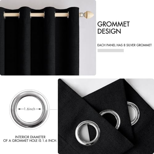 MIULEE 100% Blackout Linen Curtains for Bedroom 52x96 Inches Black