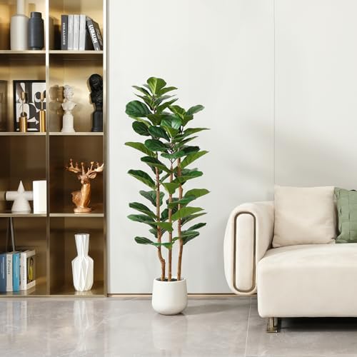 Artificial Fiddle Leaf Fig Tree with White Planter,5ft Tall Fake Tree with Natural Wood Trunk for Home Decor, Faux