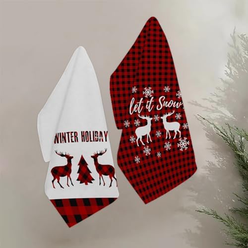 JOOCAR Red Deer Kitchen Towels Christmas Dish Towels Set of 2, 16x27 Inch Seasonal Witner Holiday Drying Dishcloth, Red Buffalo Plaid Decoration Hand Towels for Kitchen Bathroom
