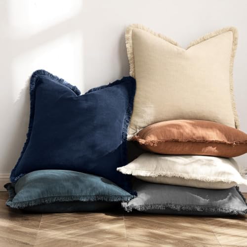 MIULEE Linen Fringe Decorative Euro Throw Pillow Covers Dark Navy 26x26