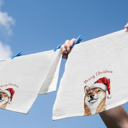 XPH Christmas Shiba Inu Kitchen Dish Towels, Funny Shiba Inu Gifts for Women, Dog Mom Lovers Gifts Hand Towels Kitchen Tea Towel Decorations, Christmas Dog Bathroom Decor, 16x24inch Set of 2