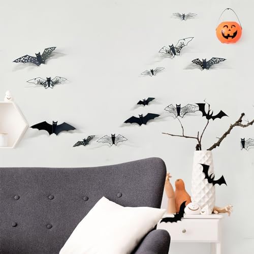 24Pcs Large Halloween Bats Decorations - 3D Self-Adhesive PVC Scary Wall Decor, Hollow Out Waterproof Black Stickers for Indoor Party Supplies, Door and Room Decals