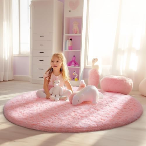 Ophanie Round Rugs 5Ft Pink Circle Area Rug,Fuzzy Bedroom Carpet, Shag Plush Floor Kawaii Christmas Living Room Rugs 5