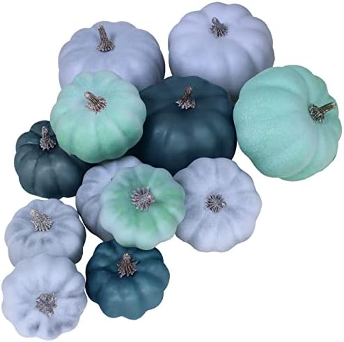 12 Pcs Assorted Small Rustic Harvest Artificial Pumpkins Decorative Pumpkins Foam Pumpkins in Green Blue Gray for Fall Autumn Halloween Thanksgiving Table Centerpiece Mantel Shelf Kitchen Decor