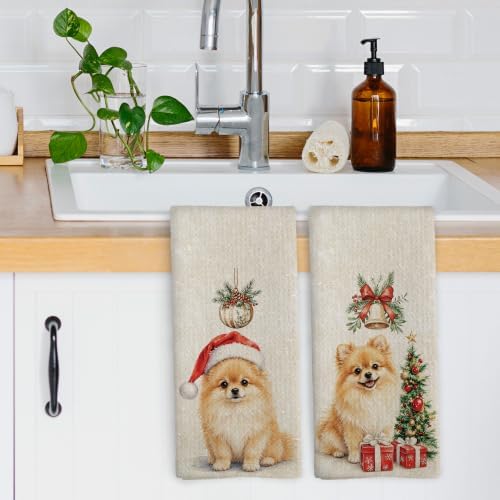 Pomeranian Christmas Tree Kitchen Dish Towels 16x24, Set of 2