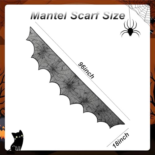 Halloween Spiderweb Decorations - 18inch × 96inch Halloween Mantel Scarf - Black Lace Spiderweb Mantle Scarf for Halloween Home Party Supplies - Halloween Party Decorations