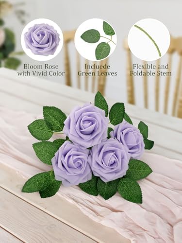 MACTING 30PCS Lavender Artificial Roses with Stems, Real Touch Foam Flowers
