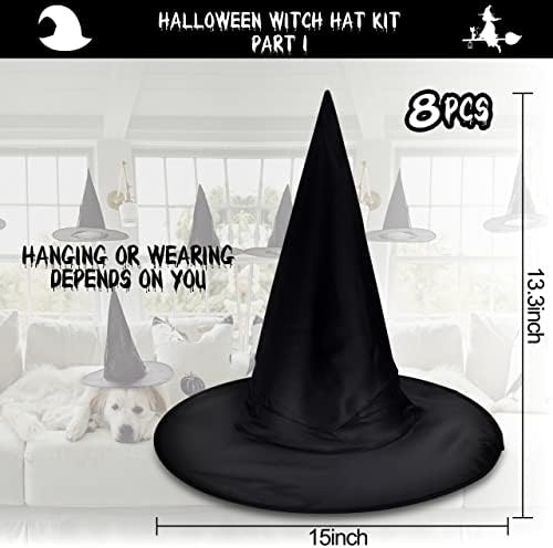 LINAYE Halloween Witches Hat XL Kit - 8 PCS Black Witch Hats with Hanging Rope,16 PCS 3D Bat,Spider Web,Creepy Cloth Halloween Hanging Decoration Decor Wizard Hats