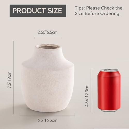 Mitt&Ditt Ceramic Flower Vase, 7.5 inch Off-White Farmhouse Rustic Vase, Handcrafted Weathered Pottery Vases, Small