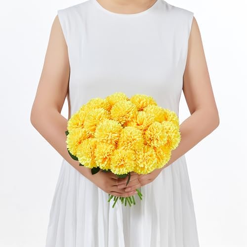 SITUMEIZI 12 Pcs Yellow Artificial Chrysanthemum Flowers, Fake Mums