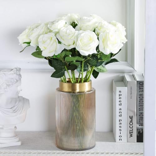 White Fake Roses Artificial Flowers - 16 Pcs Fake Artificial Roses Silk Flowers with Stems for Home Wedding Hotel Office Centerpiece Decor