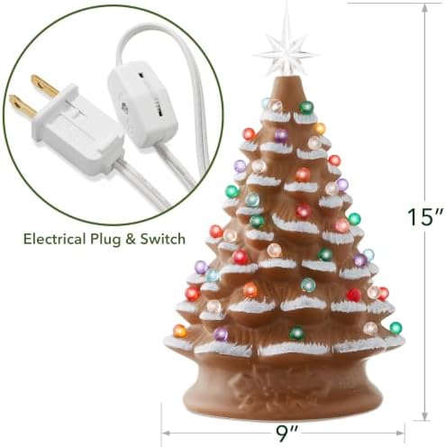 Casafield Hand Painted Ceramic Christmas Tree, Gingerbread 15-Inch Pre-Lit Tree with 128 Multi Color Lights, 2 Star Toppers