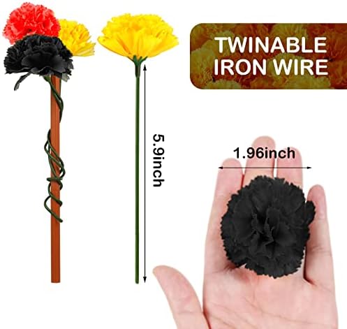 Waydress 30 Pcs Artificial Marigold Flowers Halloween,Black, Gold, Red