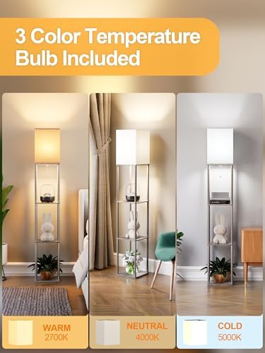 Floor Lamp with Shelves for Living Room Oak Gray, Shelf Floor Lamp with 3 CCT LED Bulb, Corner Display Standing Column