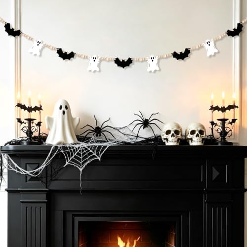 Halloween Decor Pre-Assembled Wooden Ghosts Bats Beads Garland 5.7FT
