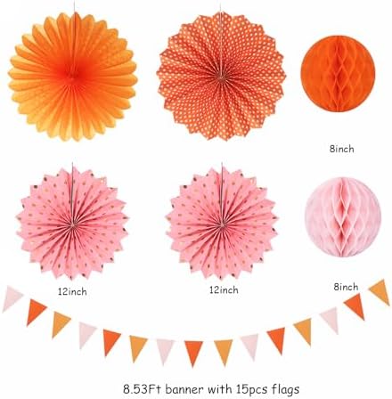 Pink-Orange Groovy Party-Decorations - 20pcs Fall Autumn Thanksgiving Harvest Paper Streamers Lanterns Fans,Tissue Pom Poms,Honeycomb Balls,Bunting,Birthday Baby Bridal Shower Wedding Decor Burgleda