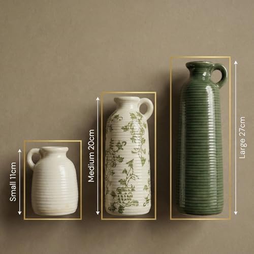 Ceramic Vase Set of 3 with Handles, Green White Neutral Rustic Modern Farmhouse Boho Decor, Versatile as Table