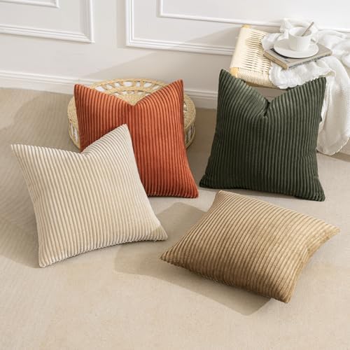 MIULEE Fall Corduroy Decorative Throw Pillow Covers Rust-Olive Green 18x18