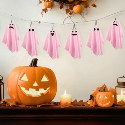 16 Pack Halloween Small Hanging Ghost 8.27Inch Pink Ghosts Tree Ornaments for Front Yard Porch Patio Lawn Garden Indoor Outdoor Holiday Party Decor