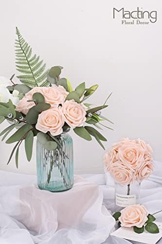 30PCS Champagne Artificial Roses with Stems, Real Touch Foam Flowers