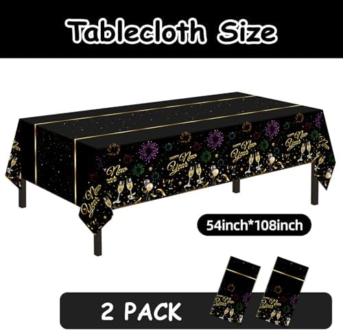 Childom 2 Pack Happy New Year Tablecloths,Happy New Years Decorations 2026,Disposable Rectangular Tablecloths Plastic 54"x108",Black and Gold Table Cloth for Home Dining Outdoor Holiday Party Supplies