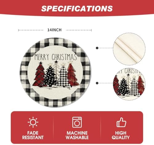 Artoid Mode Waterclor Buffalo Plaid Christmas Trees Merry Xmas Round Placemats Set of 8, 14 Inch Seasonal Winter Round Table Mats for Dining Decoration