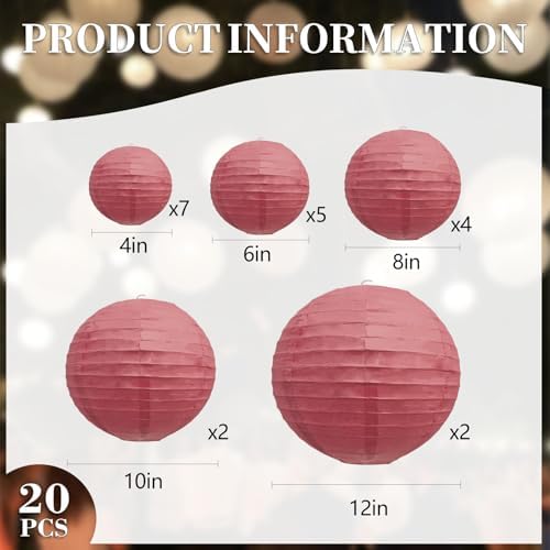 20Pcs Burgundy Paper Lanterns for Parties, 4” 6” 8” 10” 12” Chinese Asian Hanging Round Paper Lanterns for Birthday Wedding Halloween Christmas Home Decor Party Decor