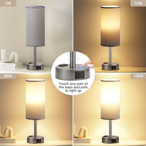 Fenmzee Grey Bedside Lamp for Bedroom, Dimmable Touch, USB A+C, AC Outlet