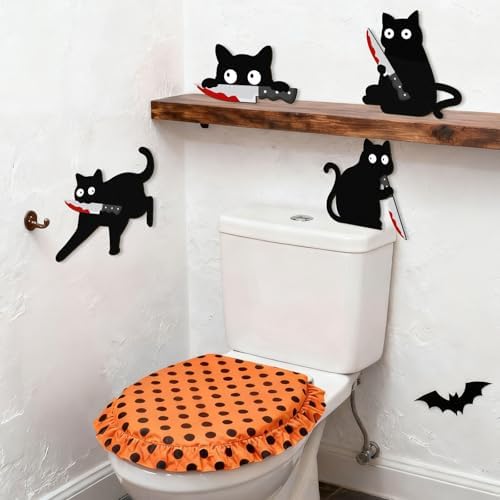 Kercan Halloween Black Cat Decor, 4 Pack Wooden Spooky Cat Wall Decorations, Funny Creepy Halloween Wall Door Window Decor for Home, Party and Haunted House