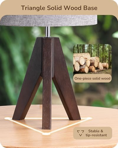 EDISHINE Boho Small Table Lamp, Wood Lamp, Grey Linen Lampshade,14.2 Inch