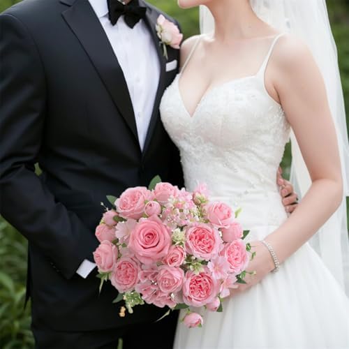 4 Pcs Mixed Artificial Peony Flowers Set-2 Bouquets & 2 Stems, Pink Fake Peony Rose Hydrangea Flowers for Vase Silk Floral Arrangements for Table Centerpiece Wedding Party Bridal Decoration Home Decor