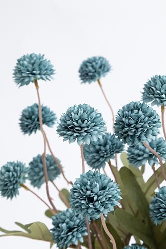 Laelfe Dusty Blue Flowers Artificial Pompon Mum, Fake Kiku Flowers Silk Small Mini Chrysanthemum Ball Faux Mum Decor for Autumn Filler DIY Bouquet Centerpieces Arrangements Shower (Dusty Blue)