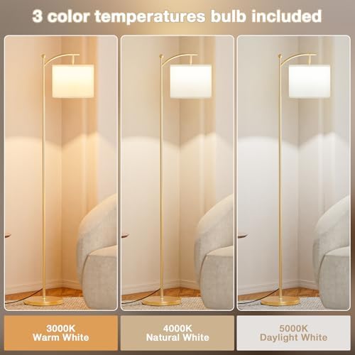 Ambimall 60" Floor Lamp for Living Room with 3 Color Temperatures, Adjustable White Shade with Gold Pole, Tall Lamp for