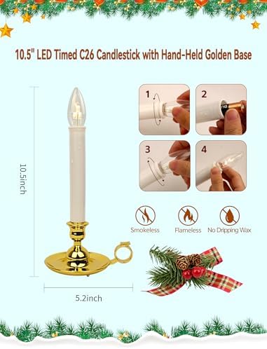 4PK Christmas Window Candle Light, 10" LED Golden Candlestick