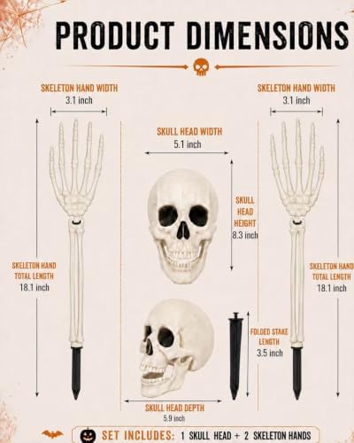 Vivinova 6P Halloween Skeleton Decorations Outdoor, 2 Realistic Skull Heads
