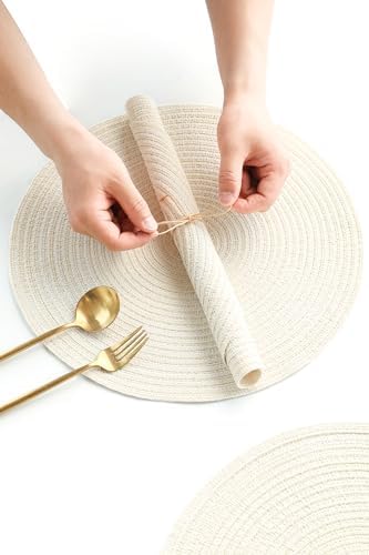 Floroom 15 Inch Round Braided Placemats Set of 4, Washable Heat Resistant Cotton Polyester Circle Place Mats for Kitchen Dining Table - Ivory Cream