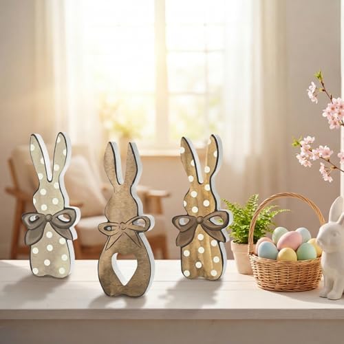 Wooden Easter Bunny Block Decor Set - 3-Piece Rustic Polka Dot Bunny with Bow Design, Farmhouse Style Tabletop Shelf Accents for Spring Holiday Home Decoration
