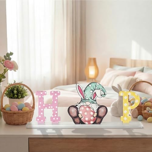 Smile Easter Wooden Standing Sign, 3-Piece Hip Bunny Rabbit Gnome House Decor, Tabletop Decoration for Home Office Shelf Mantel
