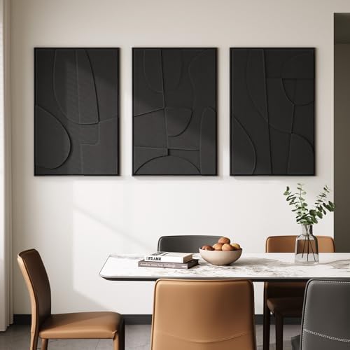 Large 3D Textured Modern Black Abstract Wall Art for Living Room, 3 Piece