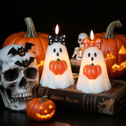 Halloween Ghost Flameless Candles with 6H Timer Hand-Painted Bows