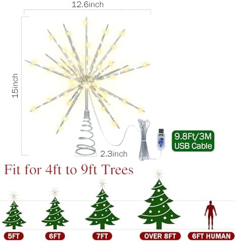 15-Inch Starburst Christmas Star Tree Topper with 150 LEDs & Remote, Silver