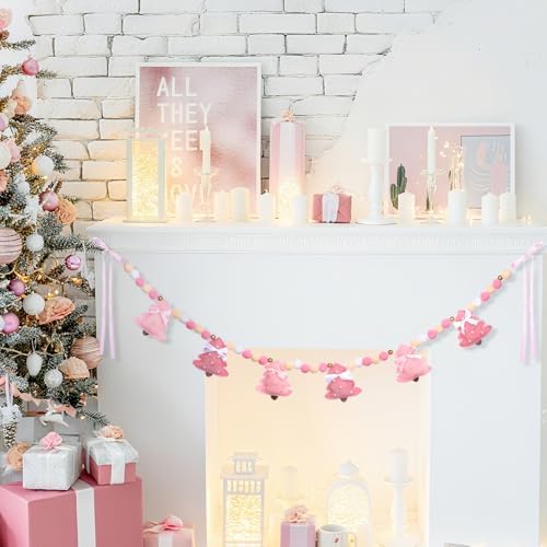CroBlissful Pink Christmas Tree Felt Garland Xmas Bow Tree Decor