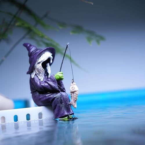 Witch Fishing Decor - Halloween Shelf Sitter Statue, Aquarium and Garden Pond Edge Ornament, Resin Gothic Figure for Water Tank Rim, Witch Hat Halloween Decorations