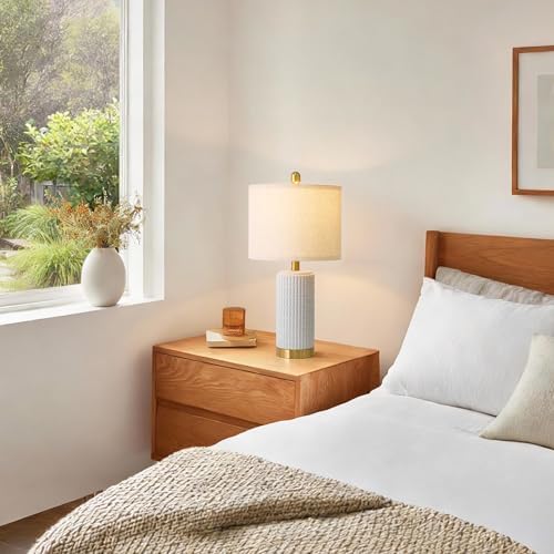 PoKat 21.5'' Stone-Like Bedside Table Lamps Set of 2 for Bedroom with 2 USB A+C, Modern Lamps for Living Room, Ceramic
