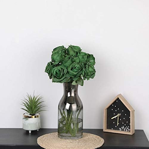 10pcs Dark Green Roses Artificial Flowers, Realistic Faux Rose with Stem