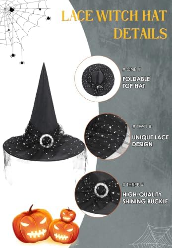 Zando Lace Witch Hats for Women - Halloween Cosplay Costume Accessories Foldable Hanging Witch Wizard Hats for Decorations